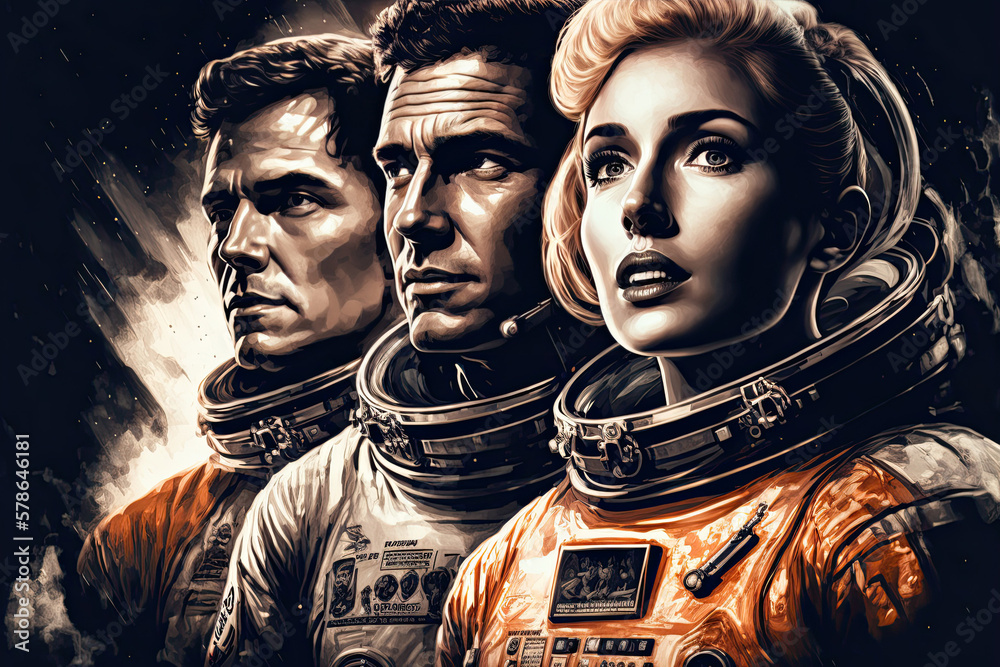 Wall mural poster with team of three astronauts in spacesuits. generative ai illustration