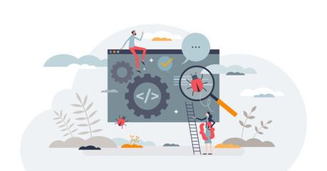Automated software test for effective website development tiny person concept, transparent background. Bug catching and error checking with artificial intelligence automation illustration.