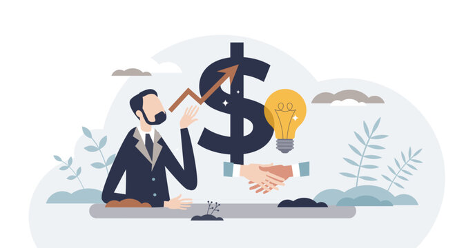 Business Fundamentals With Financial And Deal Elements Tiny Person Concept, Transparent Background. Company Sales Profit Growth Because Of Successful Leadership Planning Illustration.