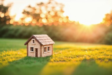 A model of miniature wooden houses on lawn grass in the backlight of sunset. Generative AI.