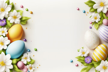 Naklejka na ściany i meble Easter colourful frame with Easter eggs and spring flowers on white background. Easter greeting card with copy space. AI generative.
