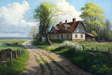 Oil Painting of Farmhouse with Road and Meadow in Spring as Digital Illustration (Generative AI)