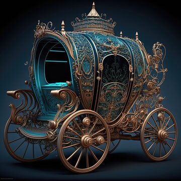 Golden and turquoise cinderella carriage. Art nouveau concept. Generative ai.