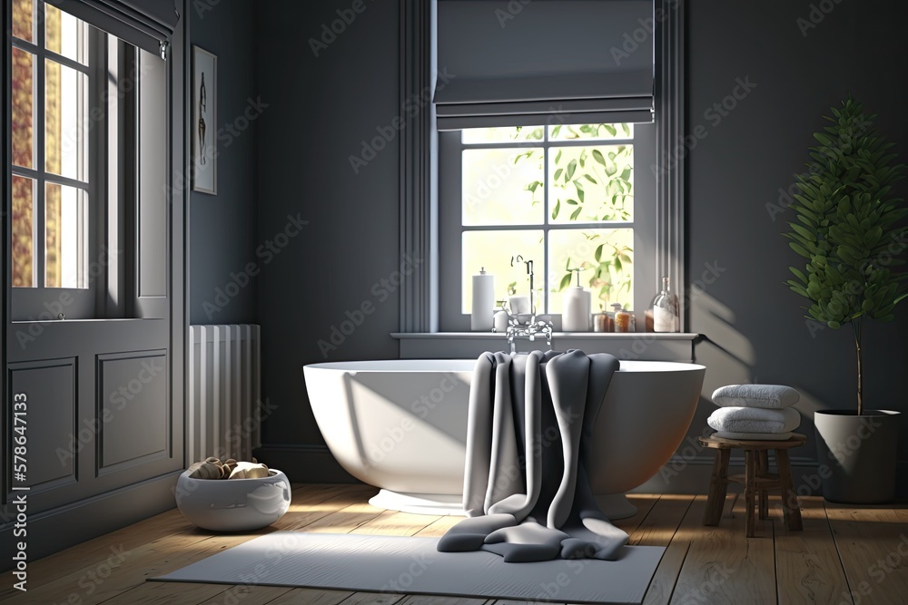 Poster A white bathtub and a table covered with towels sit in a dark grey bathroom with a nearby window. a sterile, contemporary bathroom with hardwood parquet flooring and no occupants. Generative AI