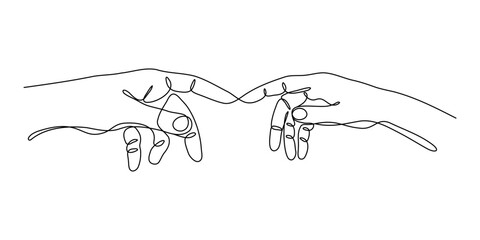 Two hands touch each other in one line art. The concept of tender relationships, mutual assistance, sincere feelings. Vector illustration.  - obrazy, fototapety, plakaty
