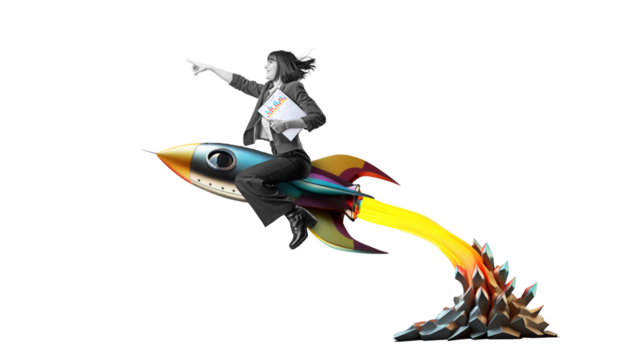 Art collage. Launch of a red rocket with a smiling business woman. on isolated PNG Background. Successful start up concept. Leadership, leading to success or business vision concept