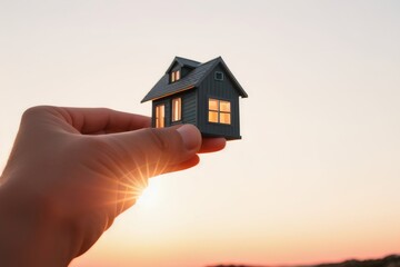 A hand holds a model of a miniature house in the sunset backlight. Generative AI.
