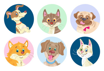 Obraz na płótnie Canvas National Pet Day. Portraits of funny cats and dogs. Avatar icons in the circle. In cartoon style. Isolated on white background. Vector flat illustration
