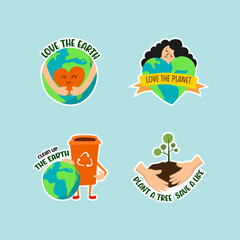 Earth day sticker sets. Save the planet Hand-drawn colored vector illustration. 