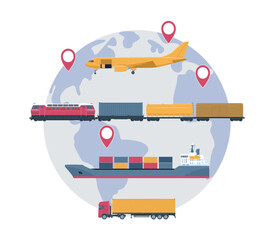 Logistic service concept. World map, truck, cargo ship, train and cargo plane. Vector illustration.