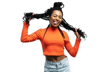 Young lovable woman with african hairstyle laughing during indoor photoshoot. Graceful cute girl in casual clothes enjoying leisure time in studio isolated on a transparent background