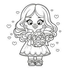 Cute cartoon girl with easter basket outlined for coloring page on white background