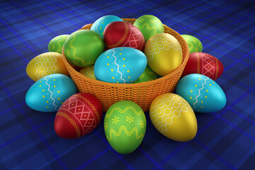 Colorful painted Easter eggs in basket, 3d render