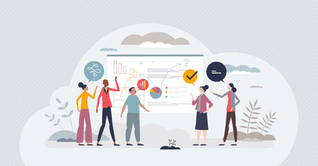 Product design as imagining and creating products brand tiny person concept. Professional team for commerce ads activities for launch strategy and financial plan presentation vector illustration.