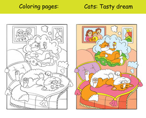 Coloring and color cat lying on pillows vector