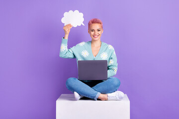 Full body length photo cadre of cheerful smile hipster girl hold paper cloud speech empty space new it code idea isolated on violet color background