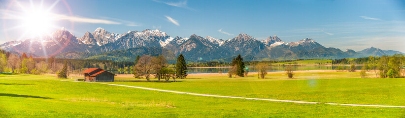 panoramic view to rural landscape with mountain range and meadow at springtime