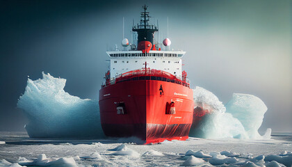 Red icebreaker in the middle of Arctic ocean - obrazy, fototapety, plakaty