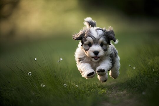 A playful puppy runs about in a green yard. Generative AI