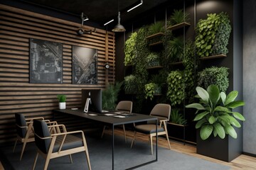 Obraz premium Office interior design with wall plants, wood, industrial. Generative AI