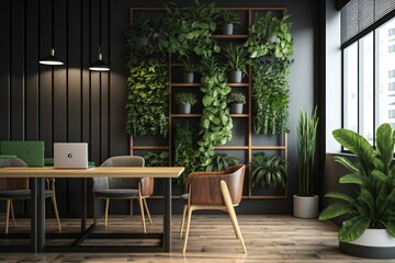 Fototapeta premium Office interior design with wall plants, wood, industrial. Generative AI