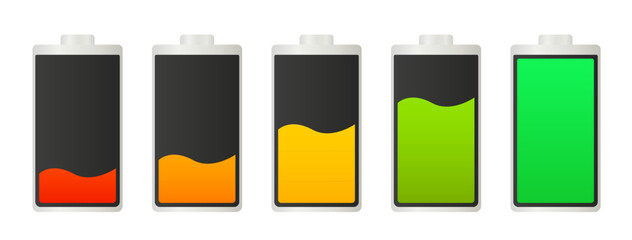 Discharged and fully charged smartphone battery. A set of battery level indicators. Wireless charging energy sign. Electric power accumulators bundle. Vector illustration