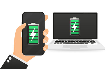 Expressed power sources. Charges laptop. Abstract conceptual graphic element for displays. Charged smartphone battery. Electricity accumulators. Energy alkaline batteries. Vector illustration
