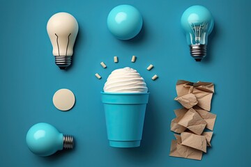 Concept of original thought and new ideas. On a blue background, there is a ball of takeaway coffee cups with a lightbulb. It's time for coffee. Generative AI