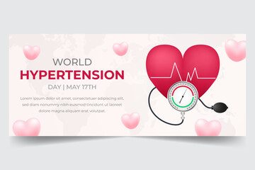 World hypertension day May 17th horizontal banner with heart rate and tension meter illustration