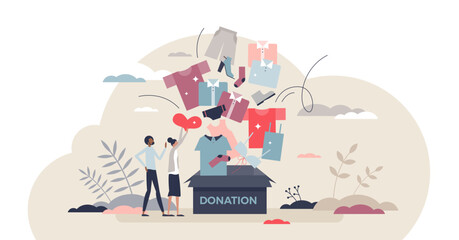 Clothes donation and used second hand clothing sharing tiny person concept, transparent background. Generous support and social help with community togetherness and contribution.