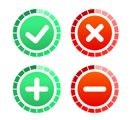 Permission buttons set. Flat design. Test question. Green Check Mark and Red Cross in two variants (square and rounded corners). Vector illustration