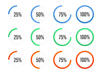 Set of circle percentage charts for infographics, 25, 50, 75, 100 percent. Loading circle bar icon set. Countdown icons. Vector illustration