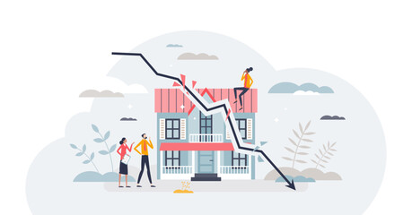 Housing market crash with price drop and decline in home sales tiny person concept, transparent background. Real estate property purchase recession and value collapse illustration.