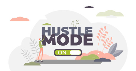 Hustle mode on illustration, transparent background. Business challenge and confidence in tiny persons concept. Rapid and energetic work to success development. Lifestyle attitude method for personal.