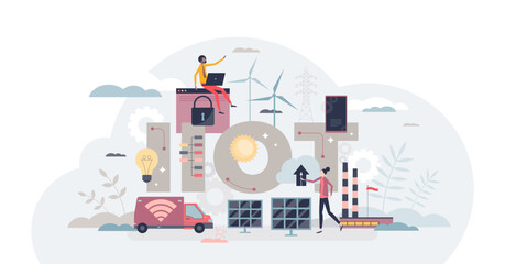 Fototapeta na wymiar Industrial IoT devices connection for smart factories tiny person concept, transparent background. Digital automation and efficiency for smart system process management illustration.