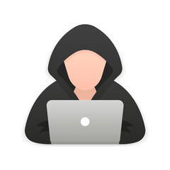 Hacker, Cyber criminal with laptop stealing user personal data. Hacker attack and web security. Internet phishing concept. Flat illustration of a hacker on a laptop for web design. Vector illustration