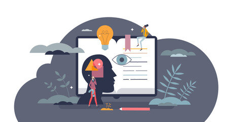 Intuition knowledge and education literature reading tiny person concept, transparent background. Mind experience growth and personal development boost.