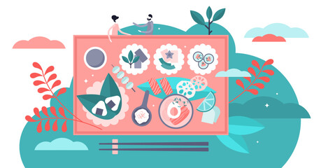 Naklejka premium Japanese food illustration, transparent background. Flat tiny asian tradition meal persons concept.Delicious cooking with salmon, soy and other nutrition culture elements with chopsticks.