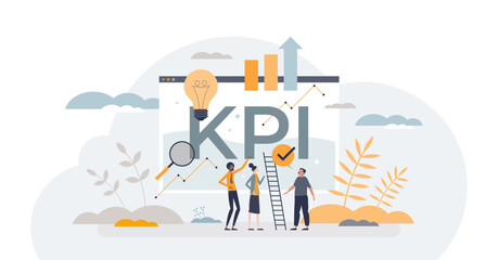 KPI or key performance indicator, measuring performance tiny person concept, transparent background. Data evaluation for organization success and activity improvement illustration.