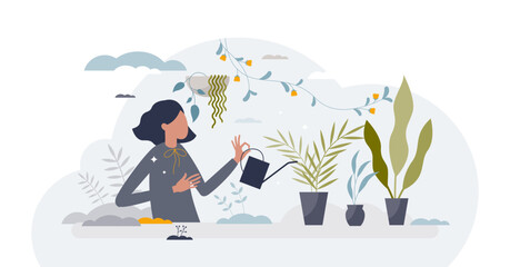 Planting indoors as female hobby with plant growing tiny person concept, transparent background. Botany process with seeds cultivation and herb watering with fertilizer illustration.