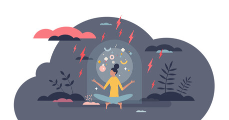 Positive psychology as calm attitude for inner peace tiny person concept, transparent background. Life harmony with optimism and focus on good things illustration.
