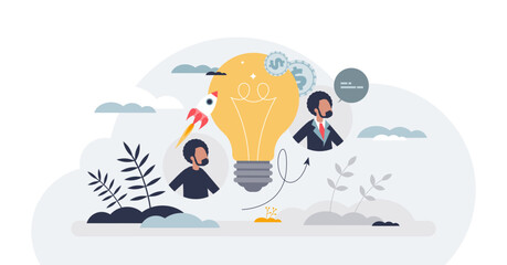 Product management career with development work tasks tiny person concept, transparent background. Professional strategy creation for effective product promotion.