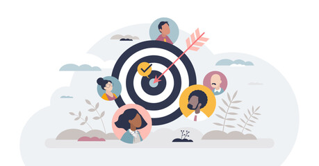 Target customer group and marketing activity audience tiny person concept, transparent background. Advertising project with precise communication and social focus accuracy illustration. - obrazy, fototapety, plakaty