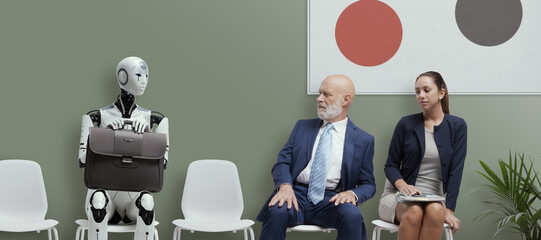 Job applicants staring at the robot candidate and waiting for the job interview