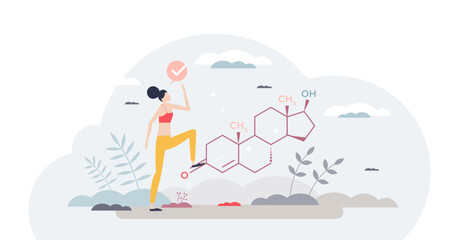 Testosterone hormone in female body as chemical element tiny person concept, transparent background. Molecular girls sex steroid produced in woman ovary, adrenal gland and fat cells illustration.