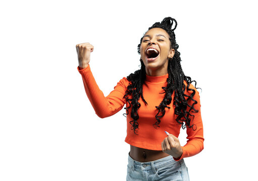 I won. Winning success happy woman celebrating being a winner. Dynamic image of female model on transparent background. Victory, delight concept