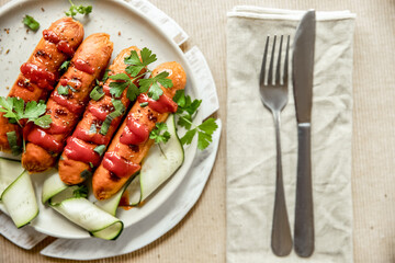 chicken or pork sausages served for meal, bbq or grilled. High quality photo