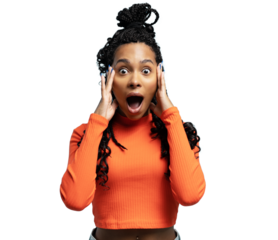 young pretty woman feeling shocked, excited and happy, laughing and celebrating success on transparent wall
