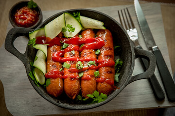 chicken or pork sausages served for meal, bbq or grilled. High quality photo