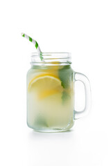 Lemonade drink in a jar glass isolated on white background